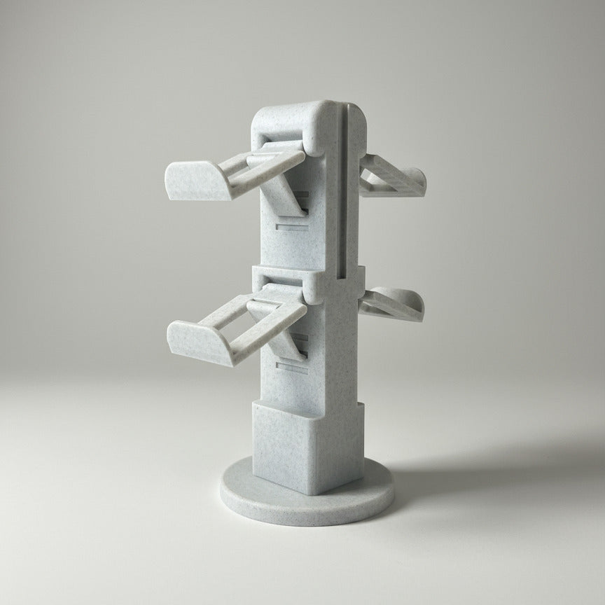 Gray 3D-printed object on a wooden surface with a room background