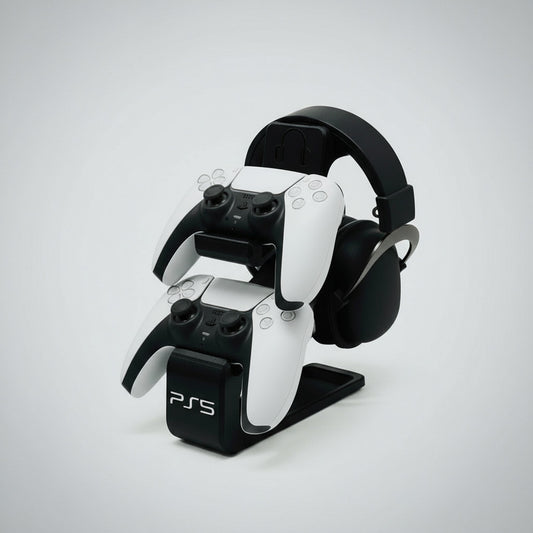 A black combined headphone and PS5 dual controller stand with a white PS5 controller placed on it.