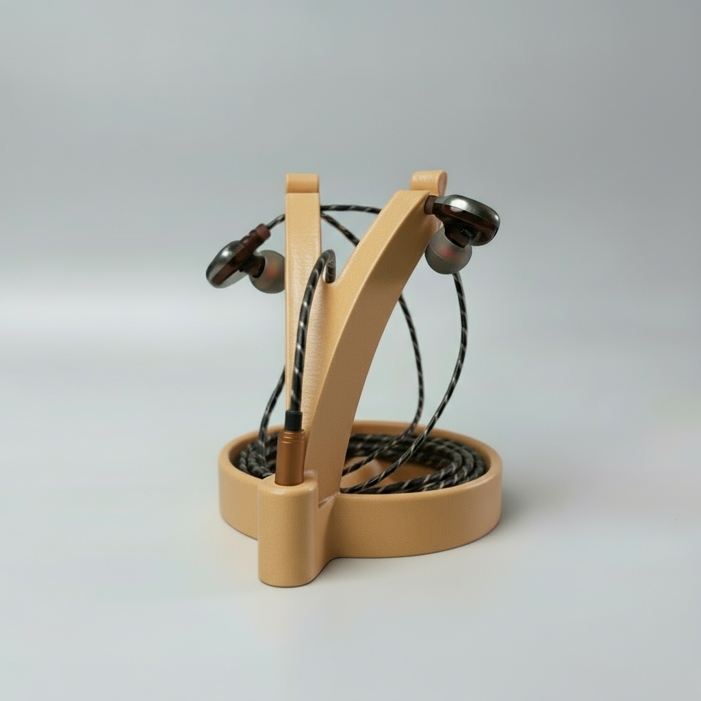 Wooden earbud holder with earbuds on a gray background