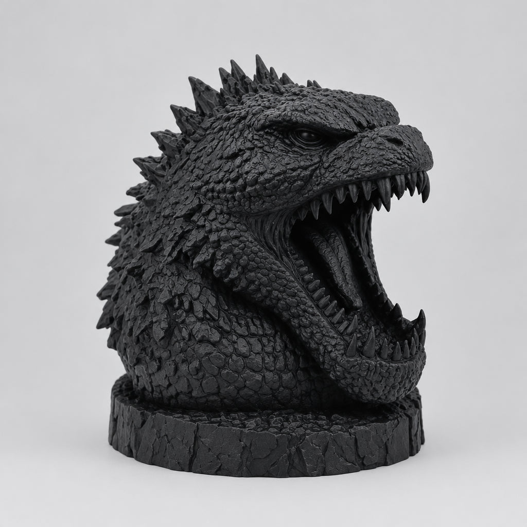 Monster stand without accessories showing textured scales, spikes, open jaws and rock-textured base