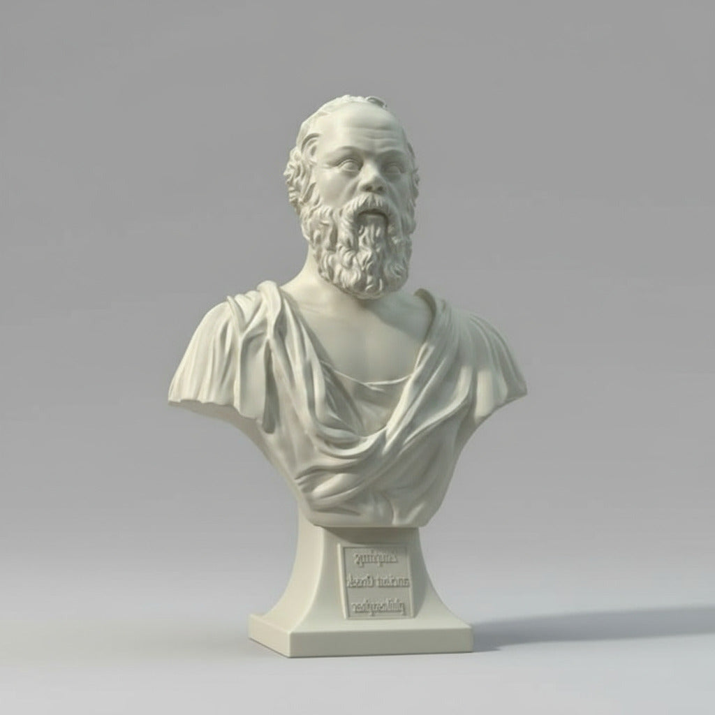 White marble bust of a classical figure on a gray background