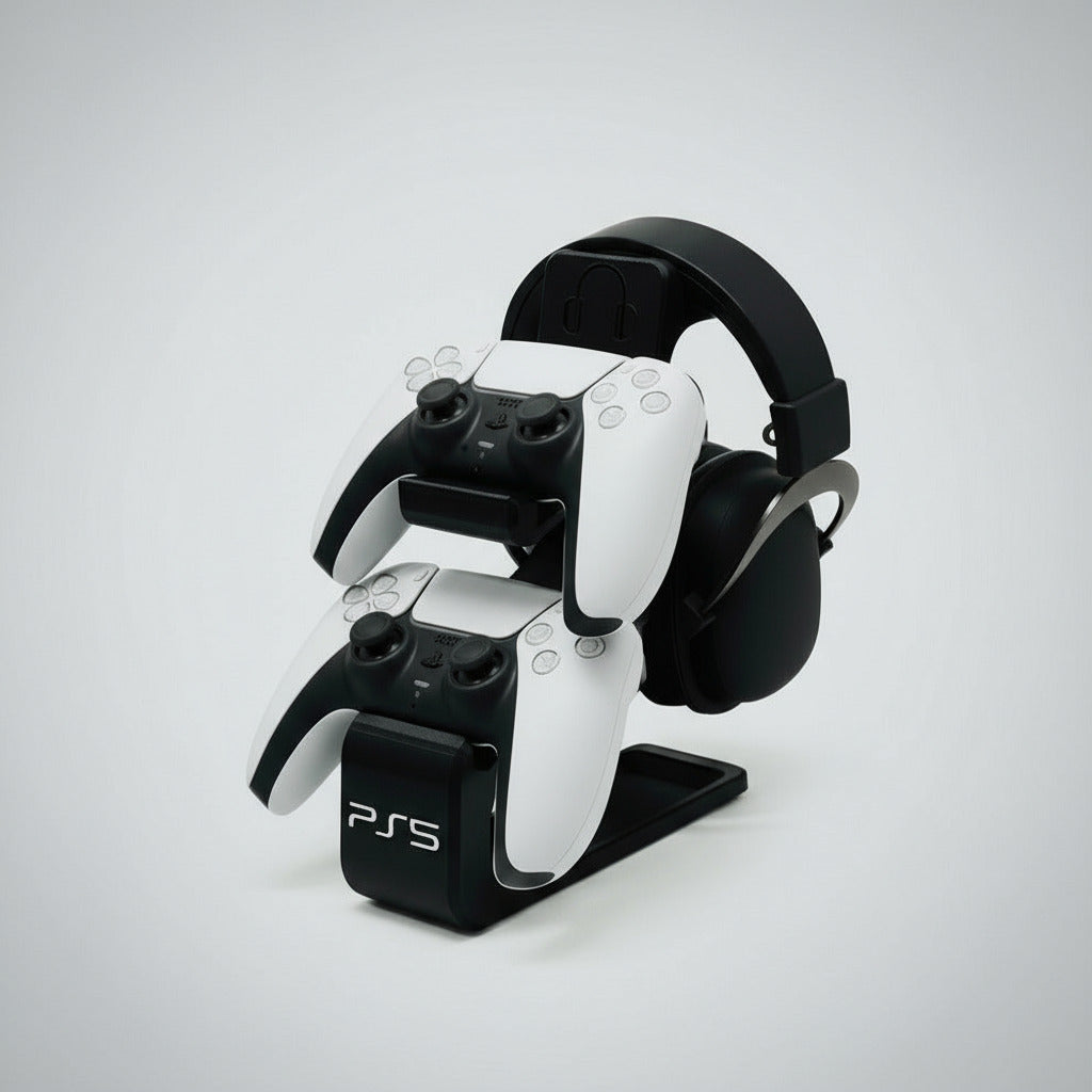 A black combined headphone and PS5 dual controller stand with a white PS5 controller placed on it.