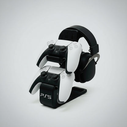 A black combined headphone and PS5 dual controller stand with a white PS5 controller placed on it.