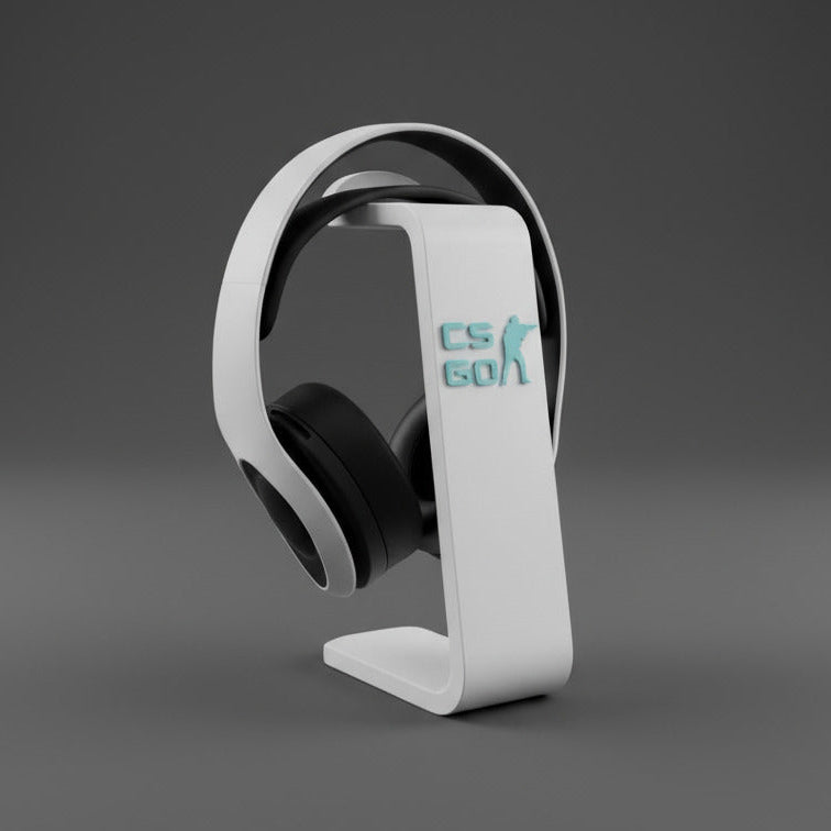 A white headphone stand with a 'CSGO' logo, featuring a design that resembles a character from the game Counter-Strike.