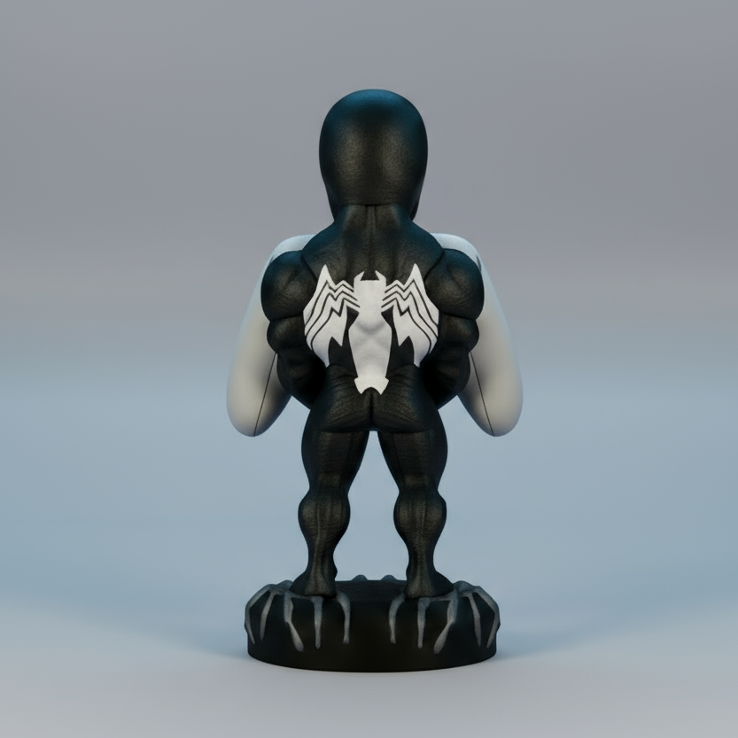 Black and blue superhero figurine with white accents on a white background