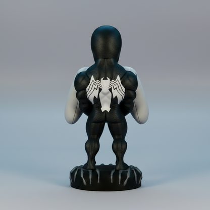 Black and blue superhero figurine with white accents on a white background