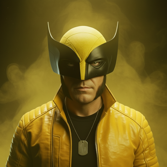 Close-up of Wolverine-style mask with yellow smoke
