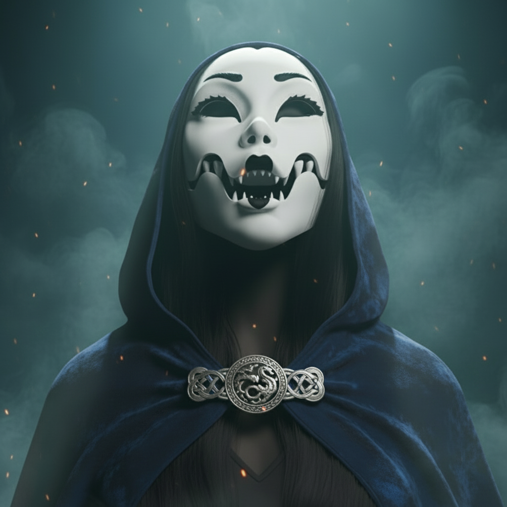 Figure wearing mask with wide open mouth