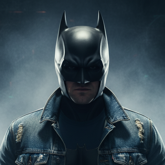 Guy wearing Batman helmet with denim jacket