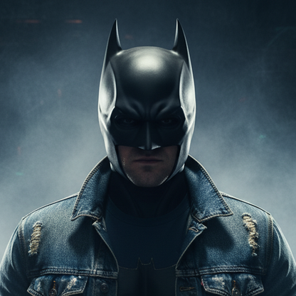 Guy wearing Batman helmet with denim jacket