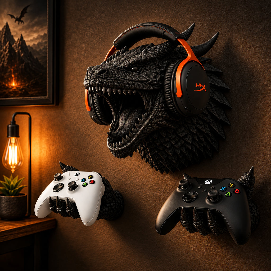 Dragon headphone and controller wall display with a black dragon head, headset and two claw-shaped controller supports
