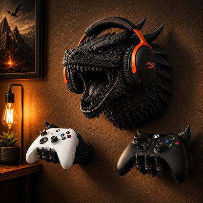 Dragon headphone and controller wall display with a black dragon head, headset and two claw-shaped controller supports
