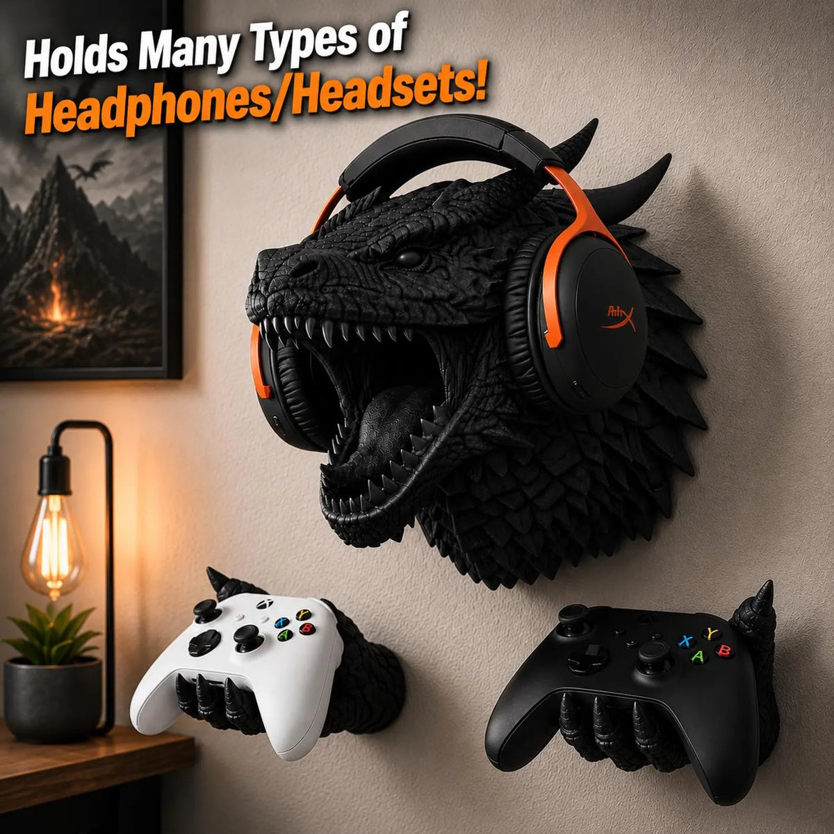Dragon-head headphone holder with orange-accented gaming headset and two controllers displayed below