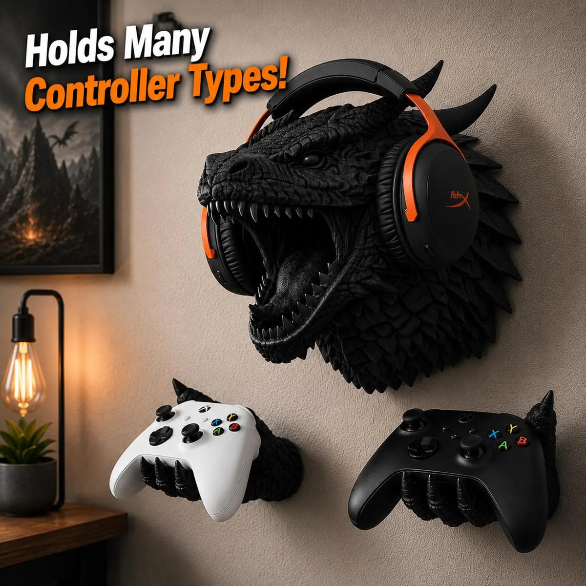 Dragon wall display showing two claw-shaped holders supporting white and black Xbox-style controllers