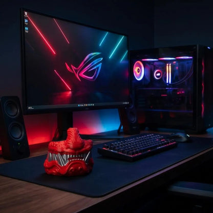 Red Samurai Oni Controller Stand displayed without a controller on a gaming desk