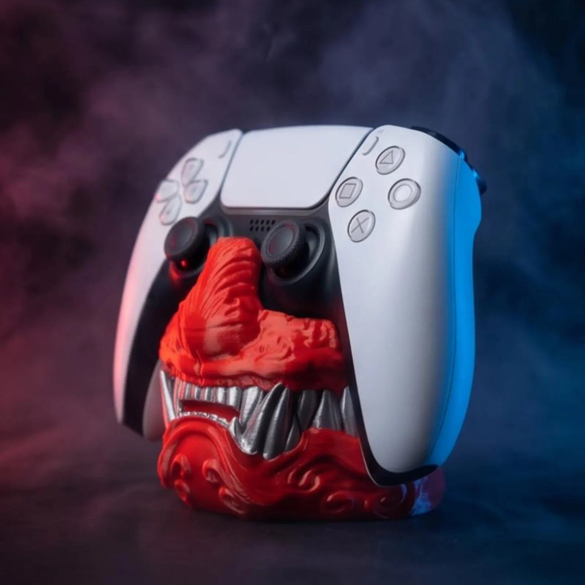 Samurai Oni Controller Stand holding a PS5 DualSense controller, angled view
