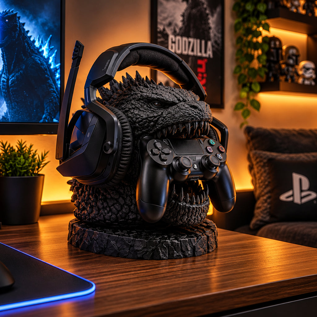 Monster Headphone and Controller Stand displaying a gaming headset and controller on a desk