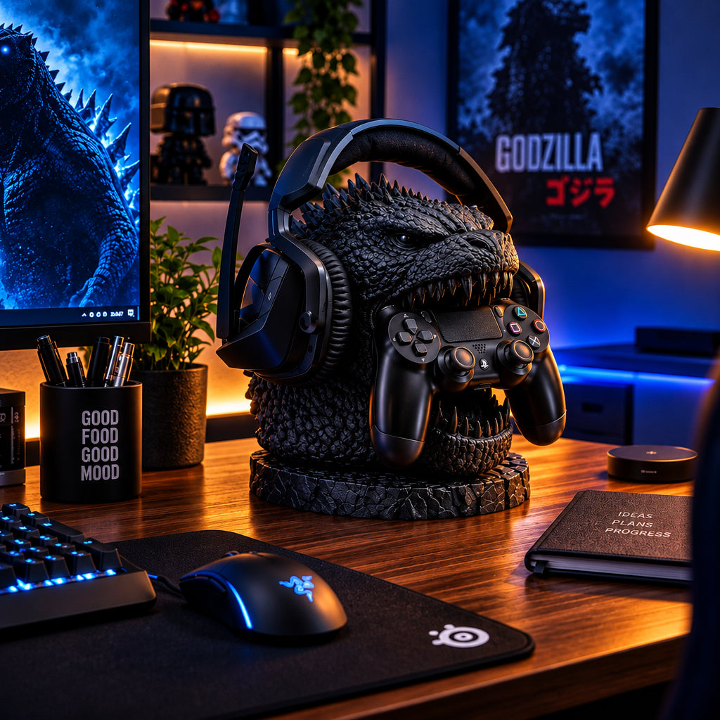 Dark sculpted monster headset and controller holder in a gaming setup