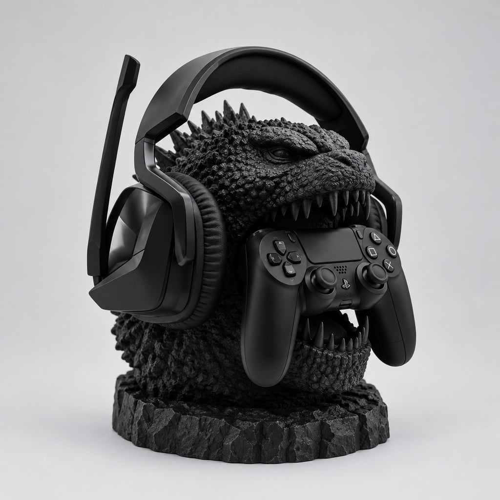 Monster Headphone and Controller Stand with headset and controller against a light background