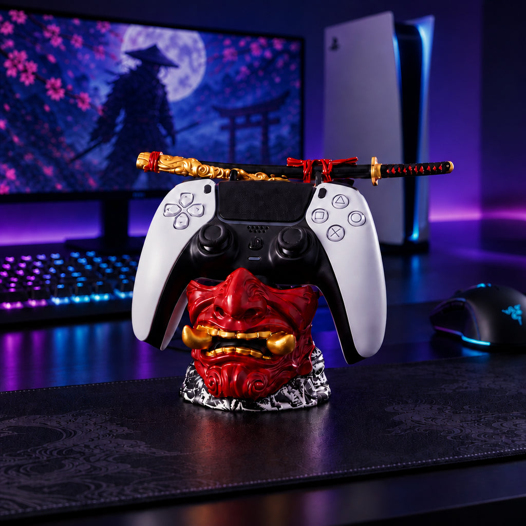 Ghost of Tsushima controller stand with red Oni samurai mask, katana and PS5 controller