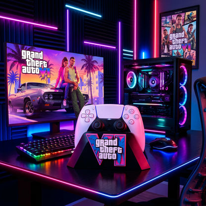 GTA 6 logo-style controller stand with blue and pink VI artwork holding a PS5 DualSense controller