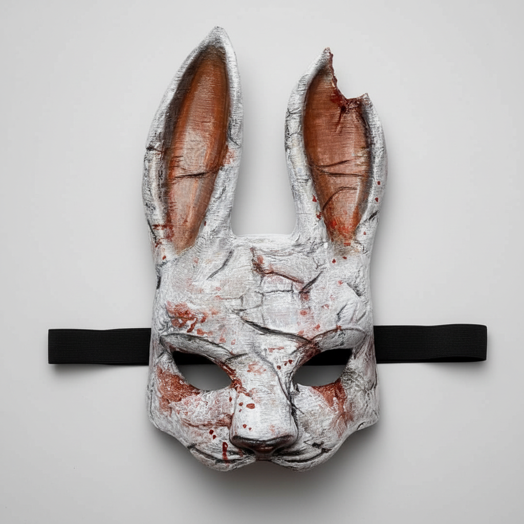 Huntress Rabbit Mask front view with head strap grey studio