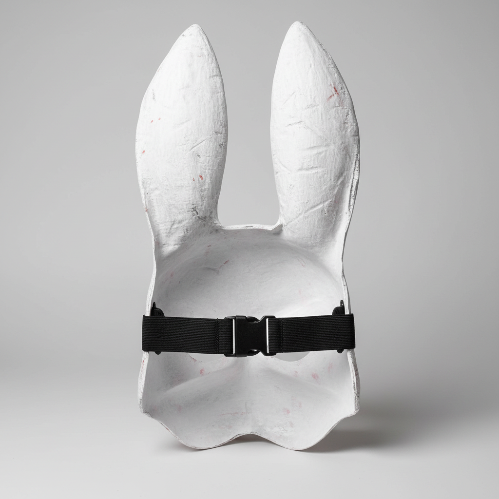 Huntress Rabbit Mask rear view showing strap detail grey studio