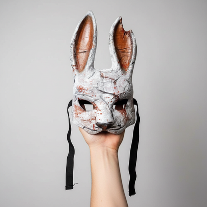 Huntress Rabbit Mask hand-held with strap dangling grey studio