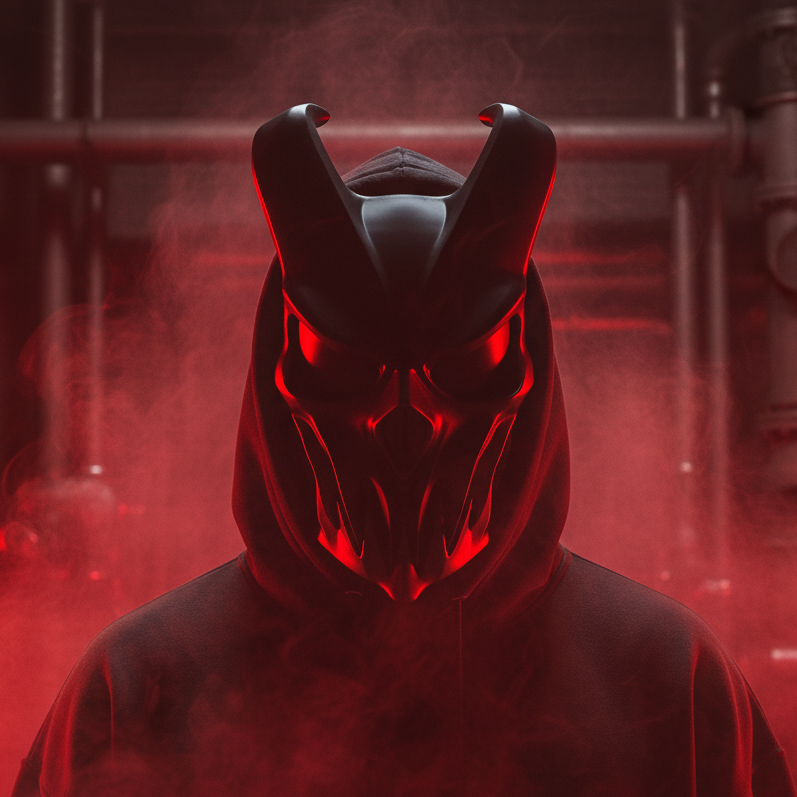 Mask with black eyes and red lighting