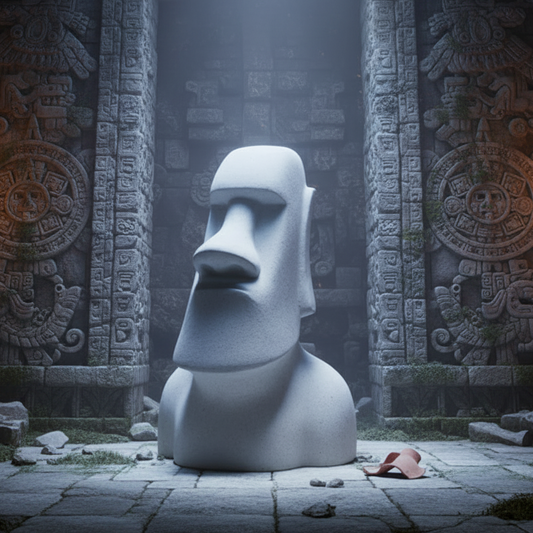 Moai statue in Aztec cave with white light