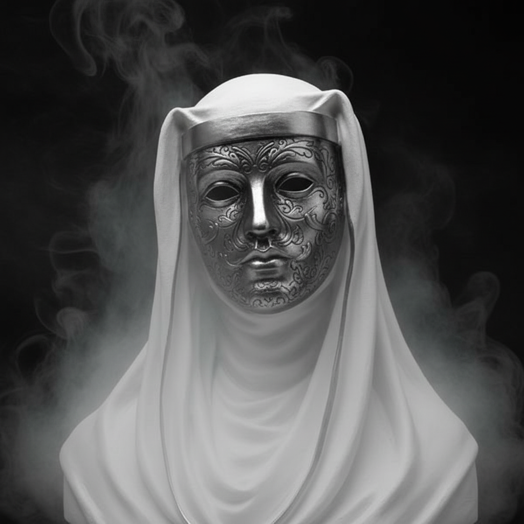 Silver ornate mask with dark background and white smoke
