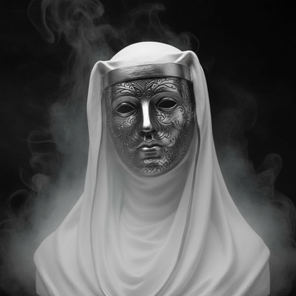 Silver ornate mask with dark background and white smoke