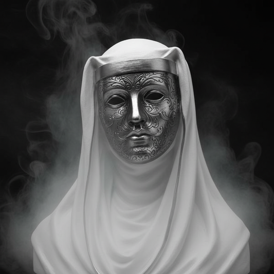 Silver ornate mask with dark background and white smoke