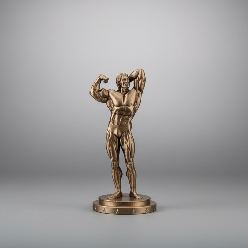 Studio grey background with bodybuilder statue