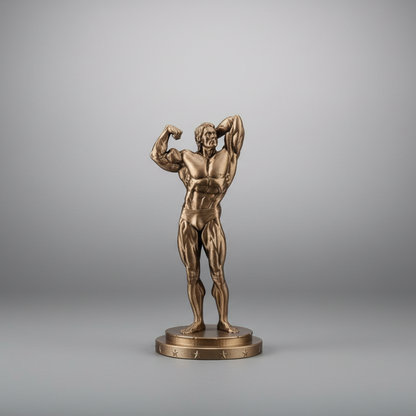 Studio grey background with bodybuilder statue