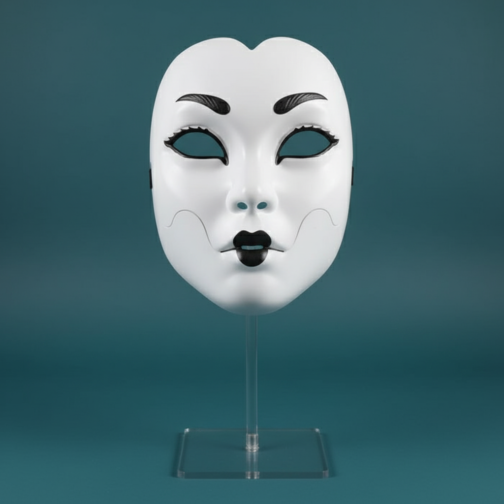 White mask on acrylic stand teal background