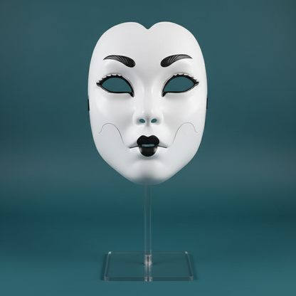 White mask on acrylic stand teal background