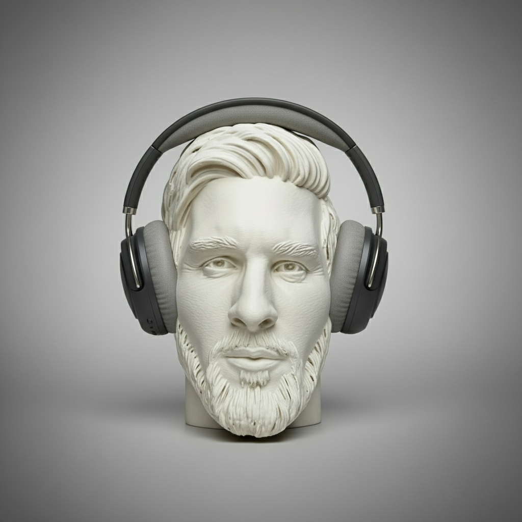 White sculptural bust wearing grey headphones on grey studio background
