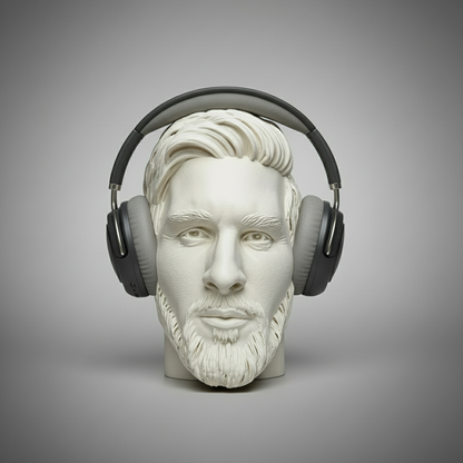 White sculptural bust wearing grey headphones on grey studio background