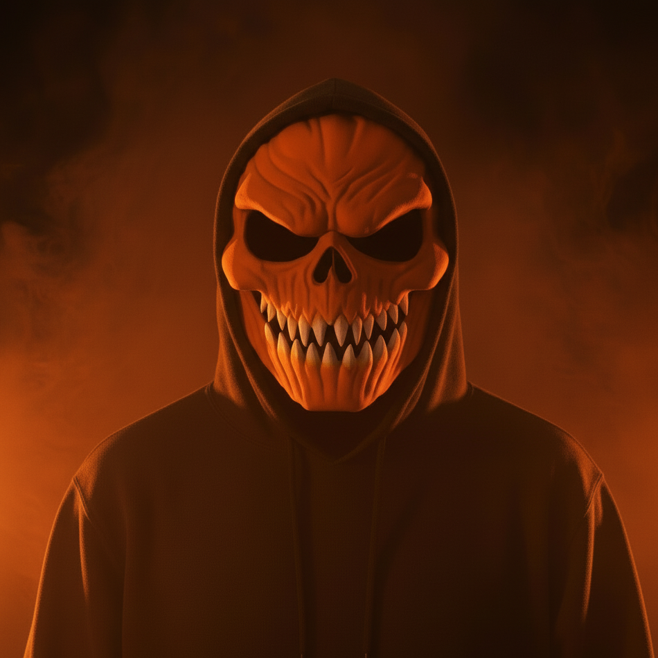 Zoomed out orange skull mask with dark background and orange smoke - mask unchanged